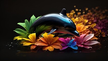 Vectoritize a ((simple 3d minimalistic logo)), featuring dolphin well lit flower electromagnetic spectrum ), black background well illuminated, high Quality 
