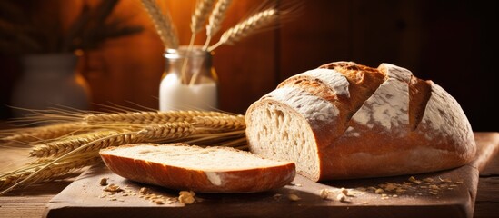 A close up image of homemade bread with a rustic peasant round shape and wheat spikelets surrounding it leaving room for text The bread appears sliced placed on a wooden chopping board and accompanie
