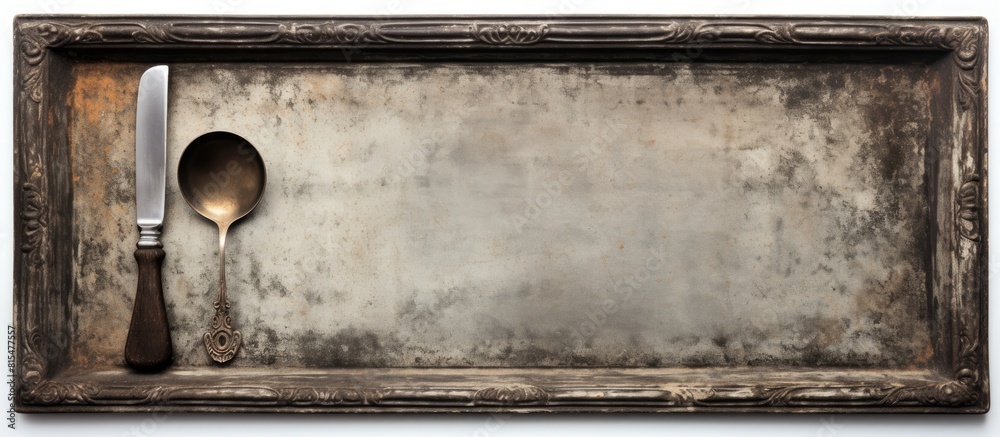 Poster a vintage tray with antique cutlery including a spoon and knife is featured in a top down view on a 