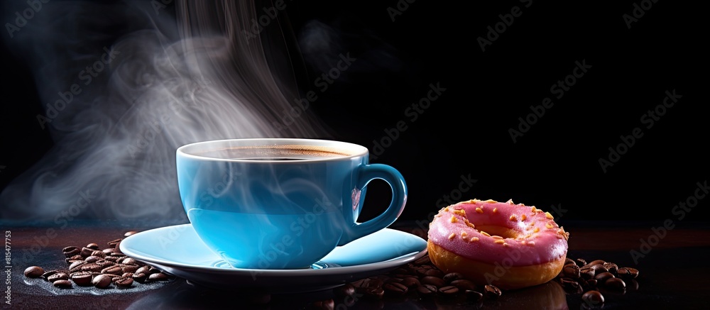 Poster there is a copy space image of a partially consumed doughnut placed beside a steaming cup of coffee