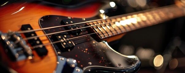 Close-up image of an electric bass guitar with focus on the strings, pickups, and volume knob on a...