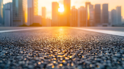 Asphalt road and glass wall with city skyline at sunset : Generative AI