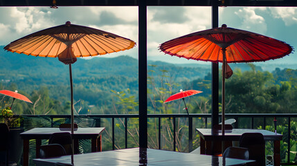 Coffee shop with Thai traditional umbrellas and green mountain view : Generative AI