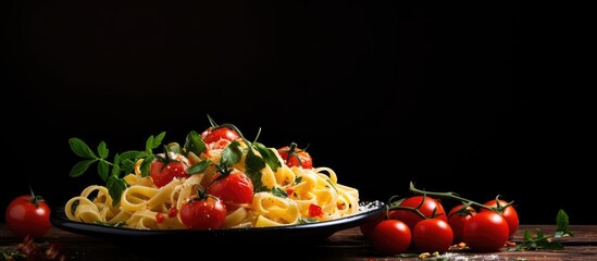 A copy space image featuring a plate of tagliatelle pasta topped with cheese tomatoes garlic bulbs and fresh herbs placed on a black wood table