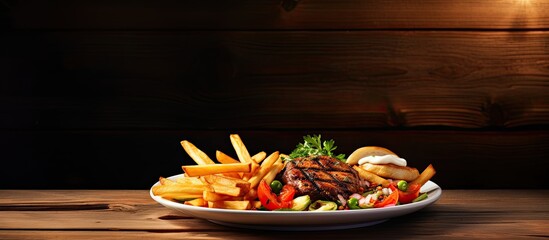 A plate containing kebab vegetables and french fries placed on a wooden table with ample blank space for additional imagery