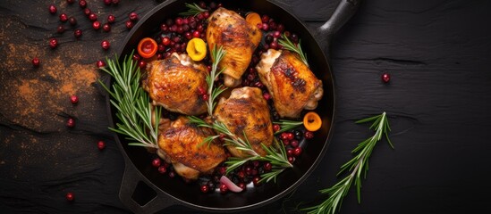 Festive Christmas Dinner concept menu showcasing a top view of orange cranberry and spicy herbs rosemary baked chicken thighs served in a frying pan on a bright background with ample copy space
