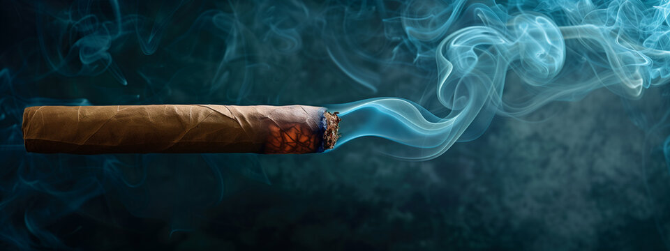 Burning Tobacco cigar with smoke and ash on dark background with space for text