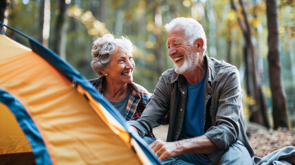 An older couple relaxes as they sit in front of a tent pitched in the woods, enjoying nature and each others company