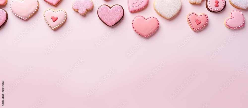 Poster a valentine s day composition featuring heart shaped cookies displayed on a pastel pink background t