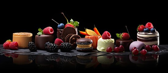 A copy space image of fruit and chocolate desserts presented against a textured black backdrop