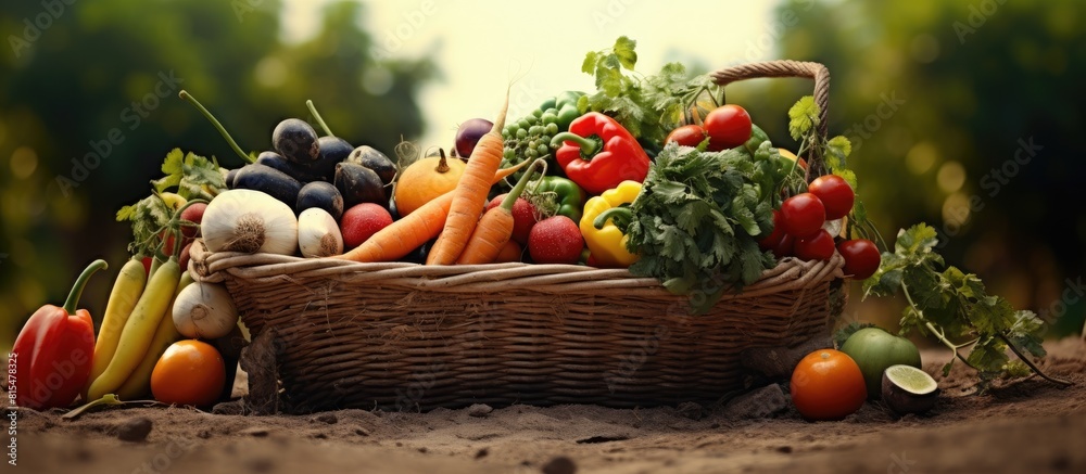 Aufkleber a basket containing various fruits and vegetables is placed on the ground of a farm creating a pictu