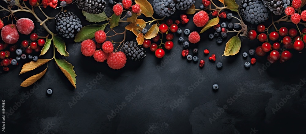 Aufkleber Top view of autumn berries and plants on a dark background creating an autumn inspired scene Copy space is available for adding text