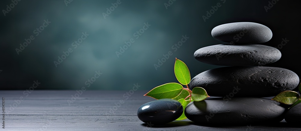 Poster a serene spa composition with a stack of spa stones on a copy space image against a black background