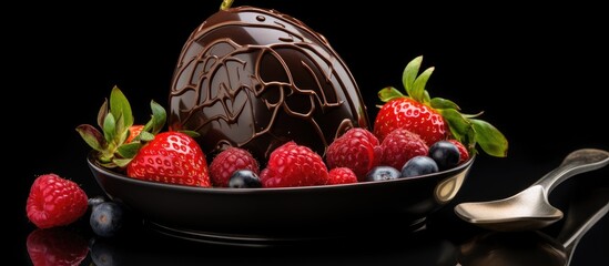 A side view of a half chocolate Easter egg is placed on a gray surface It is surrounded by cherries and strawberries with a teaspoon resting on top The background is black providing ample copy space