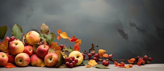 Autumn themed backdrop featuring a captivating arrangement of vibrant maple leaves peaches and apples atop a subdued gray background providing ample copy space for creative use