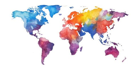 Watercolor map of the world with splashes of vibrant colors and a white background for a creative geographical concept. Digital art of world map painted with gradient watercolor in warm color. AIG35. © InfiniteFlow