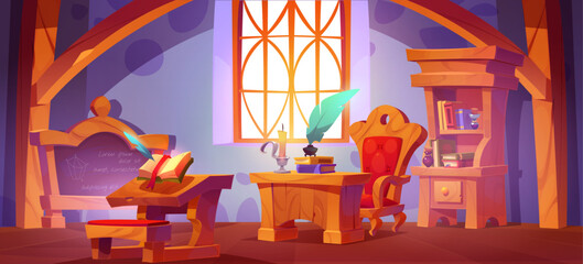Magic school classroom interior with wooden furniture and studying elements. Cute cartoon vector wizard education room with teacher and student desk with book and feather, bookcase and blackboard.
