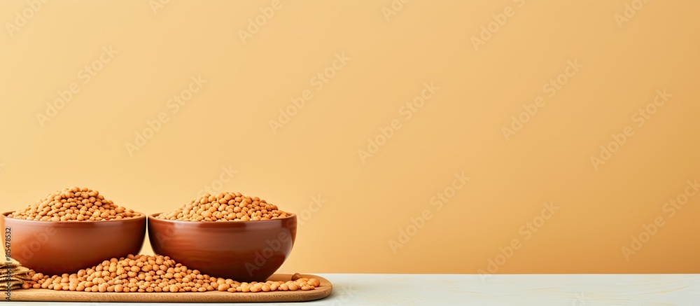 Poster Bowls of dry uncooked red lentils are arranged on a table with a light colored background creating a copy space image