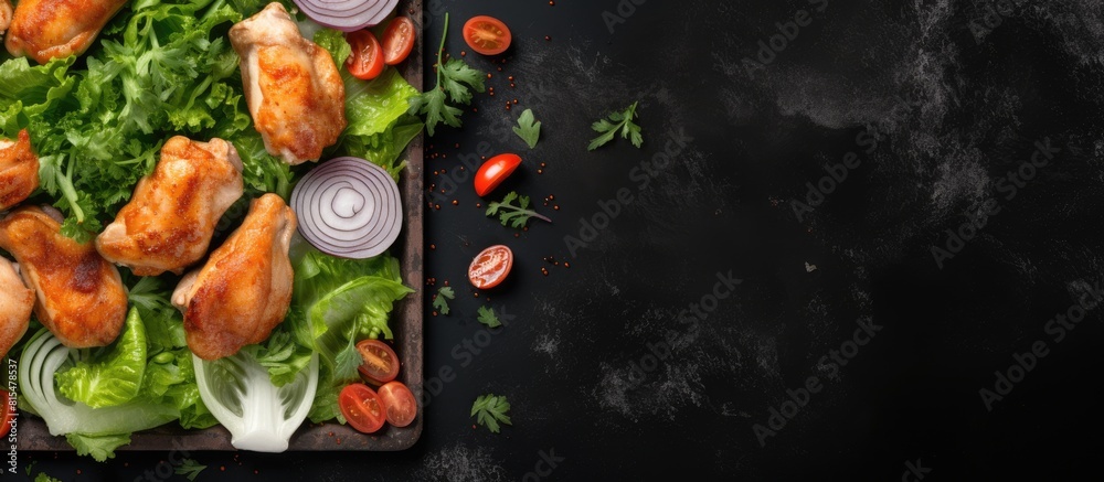 Poster top view of a light table showcasing a fresh marinade raw chicken drumsticks and lettuce with ample 