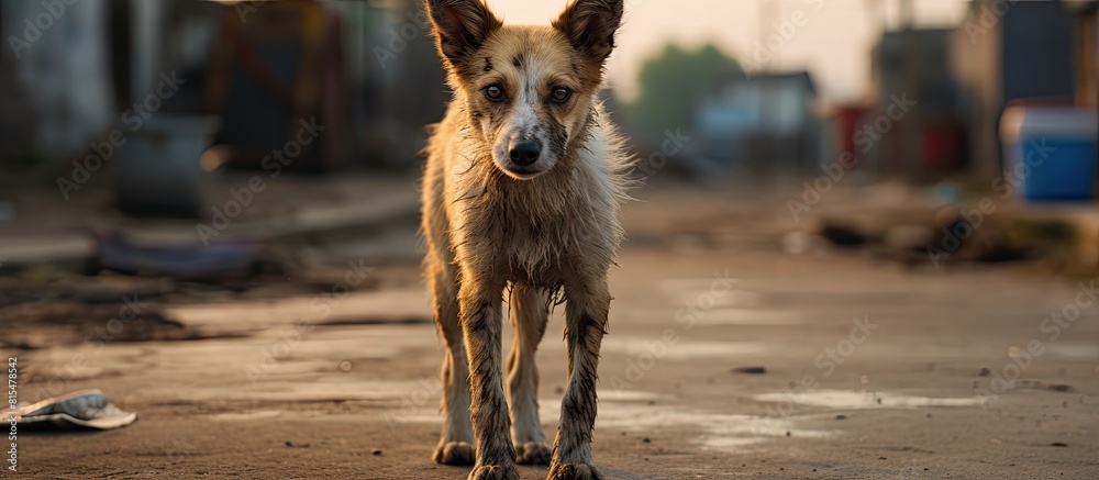 Poster image of a stray dog with erect ears and ample copy space