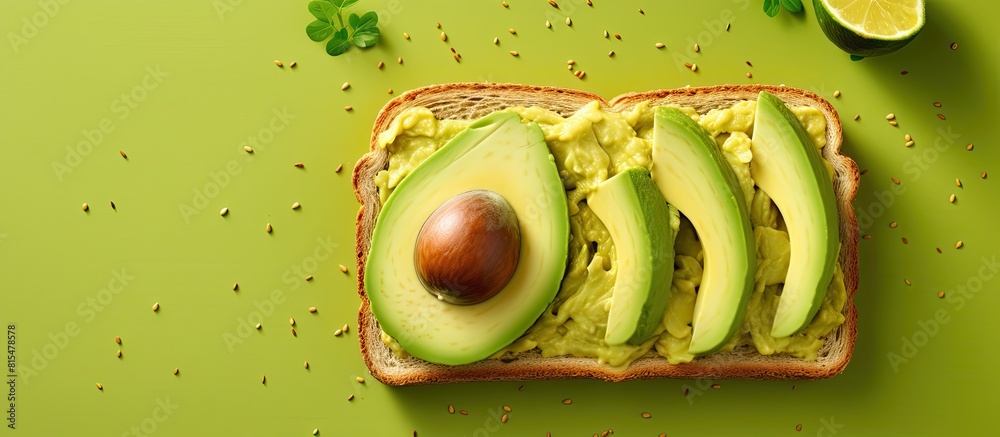 Poster A healthy concept for a food menu with an avocado sandwich on a toast seen from a top view against a food background There is copy space available