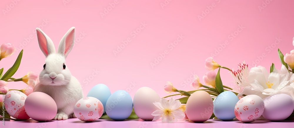 Aufkleber a festive easter composition with colorful eggs bunny ears and flowers on a pink background perfect 