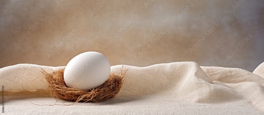 Poster Copy space image of an egg placed on a backdrop of sackcloth and textured white surface for a visually appealing composition