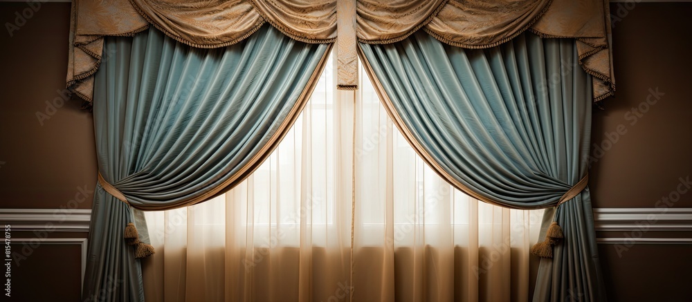 Aufkleber Closeup of an elegant room with a window curtain and tiebacks perfect for a copy space image