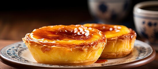 A delicious Portuguese egg tart enjoyed in the culinary haven of Macao with perfect flaky pastry and a creamy custard filling. Creative banner. Copyspace image