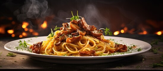 A delicious dish of spaghetti pasta embellished with chanterelles The plate displays a stunning copy space image that is sure to tantalize the taste buds