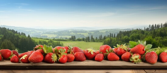 A copy space image of a rustic outdoor scene with a mound of fresh strawberries on a wooden table