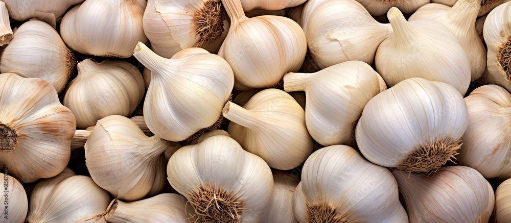 Poster a close up image showcasing numerous garlic bulbs during the harvest with ample copy space available
