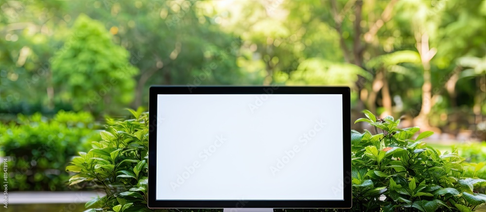 Poster a blank screen computer monitor sits on a wooden table against a blurred green summer backdrop offer