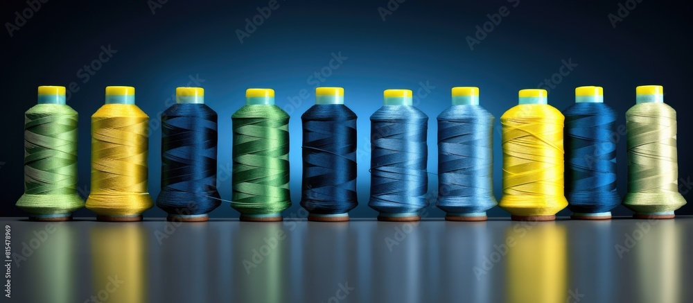 Poster A row of colorful sewing thread spools in blue yellow and green on denim with space for additional images or text