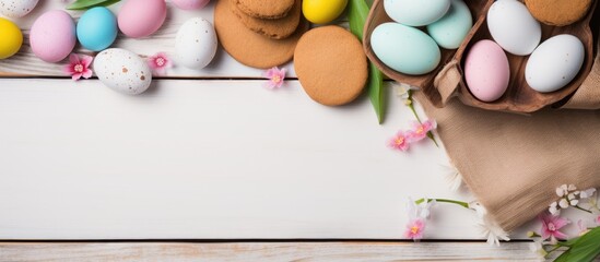 An Easter themed background featuring colored eggs and homemade cookies with a white list displayed for writing purposes copy space image