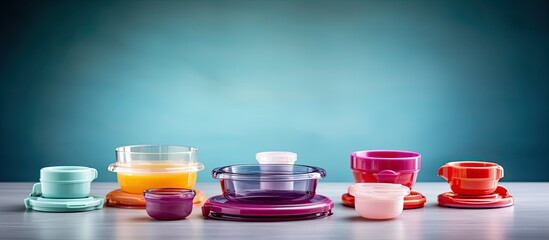 Obraz premium A set of plastic dishware is arranged neatly on a grey table offering a convenient and practical solution for serving baby food The copy space image allows for creativity and customization in present