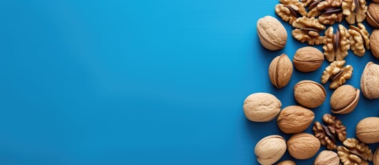 Top view of scattered halves of pulp and whole walnut on a blue background creating a visually pleasing copy space image