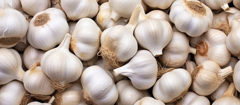 A close up image showcasing numerous garlic bulbs during the harvest with ample copy space available