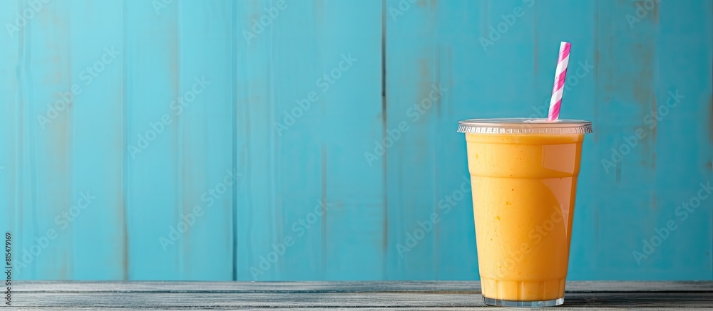 Poster a delicious smoothie is presented in a plastic cup on a light blue table complemented by a white woo