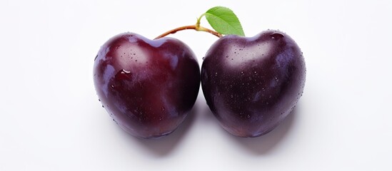 Ugly heart shaped prunes or double plums can be seen in a copy space image against a light background