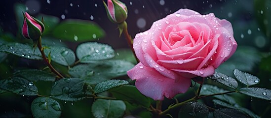 The pink rose in the garden looks even more stunning after being kissed by a rain shower creating a captivating image with plenty of copy space