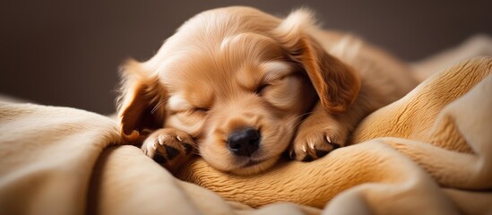 The image portrays a small adorable puppy peacefully sleeping in the frame surrounded by empty space. Creative banner. Copyspace image