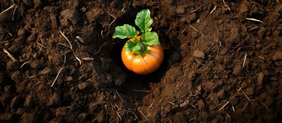A top view of a Hokkaido pumpkin growing on a compost with ample space for use as a copy space image