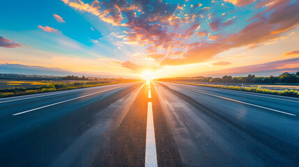Empty highway asphalt road and beautiful sky sunset landscape : Generative AI