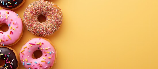 Close up image of vibrant and colorful donuts with sprinkles on a pink background embodying the essence of National Donut or Doughnut day Ample copy space available