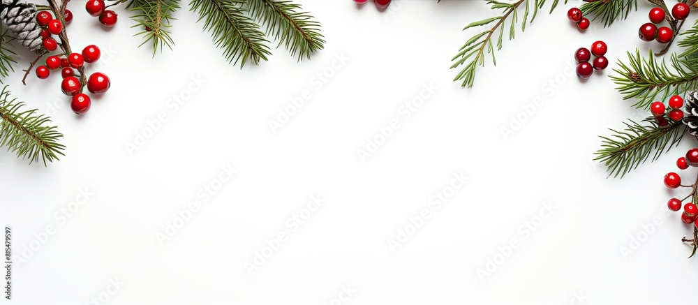 Poster Top view of a festive flat lay featuring a white background adorned with Christmas pine branches red berries and ample copy space