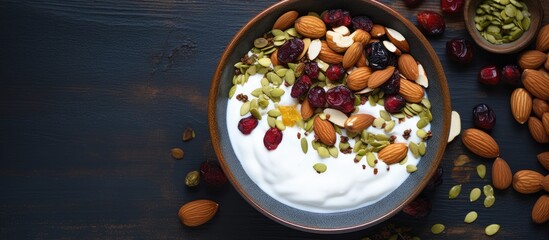 A wholesome breakfast or snack of homemade granola topped with Greek yogurt or milk accompanied by a variety of nuts seeds and dried cranberries The dish is presented in an old bowl on a dark table b