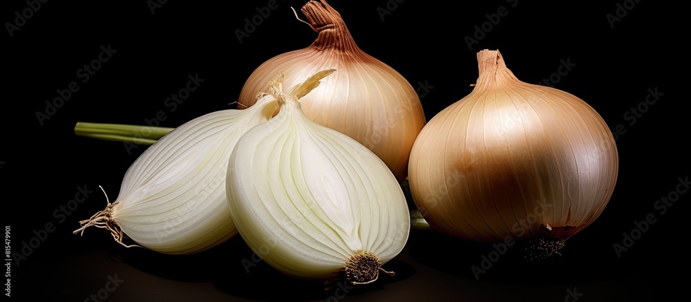 Poster A top view of fresh ripe white onions is displayed on a black background with a free copy space image available