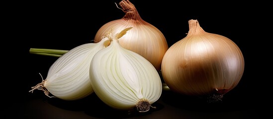 A top view of fresh ripe white onions is displayed on a black background with a free copy space image available