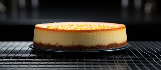 A tantalizing copy space image of a cheesecake captured from a side perspective resting on a cooling rack